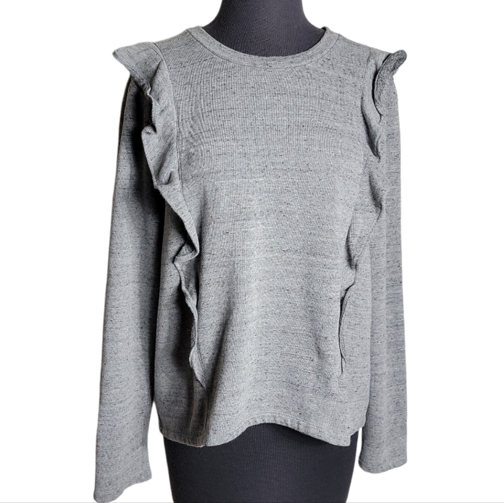 J.Crew Mercantile ruffle long sleeve crewneck gray heather sweater women's large